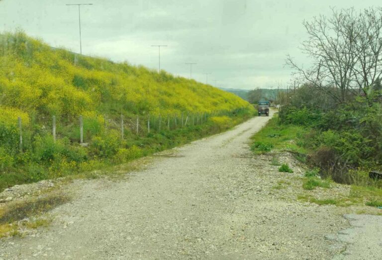 Εικόνα χωμάτινης διαδρομής κοντά στον Ε65, χωρίς ασφαλτόστρωση.