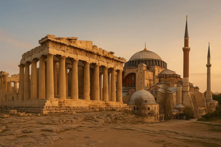 Ο Παρθενώνας και η Αγία Σοφία φωτισμένα από το φως της δύσης, σε μια ενιαία εικόνα που αναδεικνύει τη μεγαλοπρέπεια του αρχαίου ελληνικού και του βυζαντινού πολιτισμού, με φόντο έναν ήρεμο ουρανό.