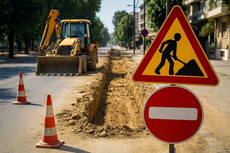 Εργασίες οδοποιίας σε δρόμο στα Τρίκαλα, με μηχανήματα και συνεργείο να εκτελούν έργα