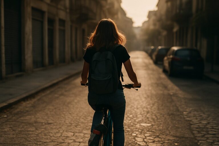 Γυναίκα απομακρύνεται πάνω σε ποδήλατο σε αστικό δρόμο, κινηματογραφική λήψη από πίσω