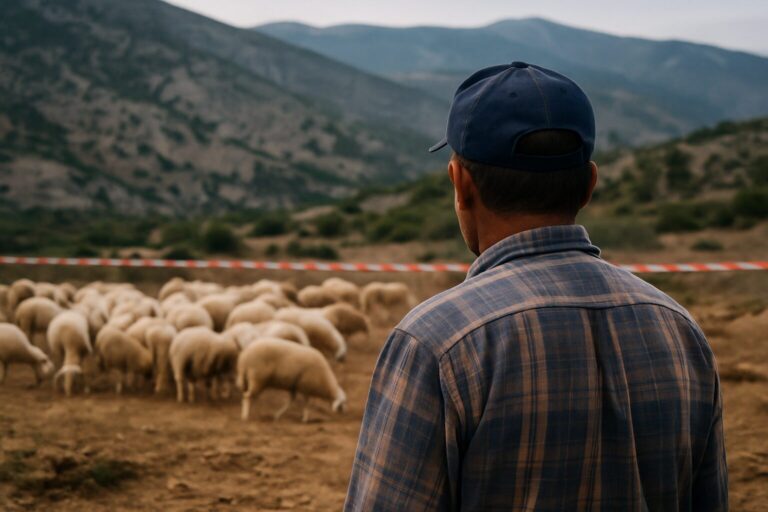 Κτηνοτρόφος περπατά σε αγροτική περιοχή με πρόβατα, αγωνία και αβεβαιότητα στον ορίζοντα, συμβολίζοντας τον κίνδυνο της ευλογιάς στη Θεσσαλία.