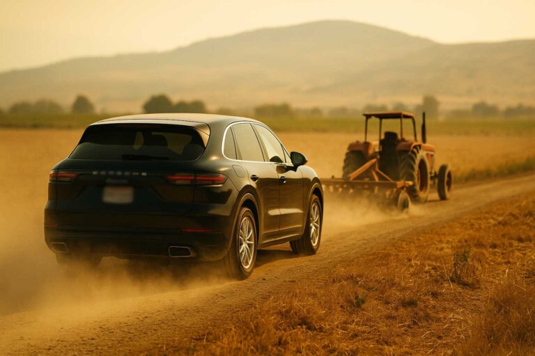 Πολυτελές μαύρο Porsche Cayenne σε αγροτικό δρόμο κάτω από καύσωνα, ακολουθεί παλιό αροτράκι σε ξερό θεσσαλικό τοπίο με σκόνη και χρυσαφένια χωράφια.