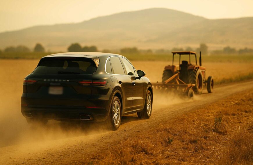 Πολυτελές μαύρο Porsche Cayenne σε αγροτικό δρόμο κάτω από καύσωνα, ακολουθεί παλιό αροτράκι σε ξερό θεσσαλικό τοπίο με σκόνη και χρυσαφένια χωράφια.