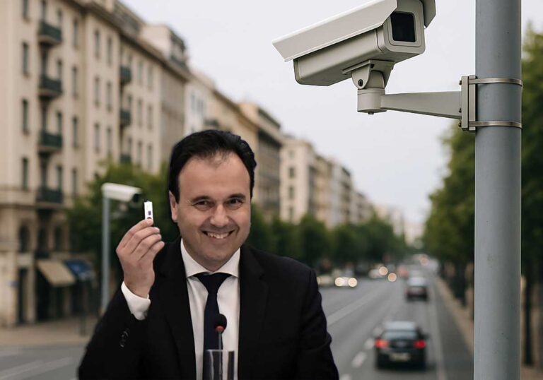 Ο Δημήτρης Παπαστεργίου χαμογελά κρατώντας USB μπροστά σε κάμερα επιτήρησης σε αστικό δρόμο