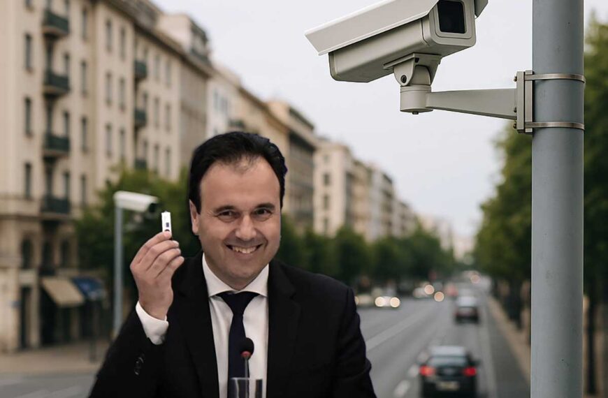 Ο Δημήτρης Παπαστεργίου χαμογελά κρατώντας USB μπροστά σε κάμερα επιτήρησης σε αστικό δρόμο
