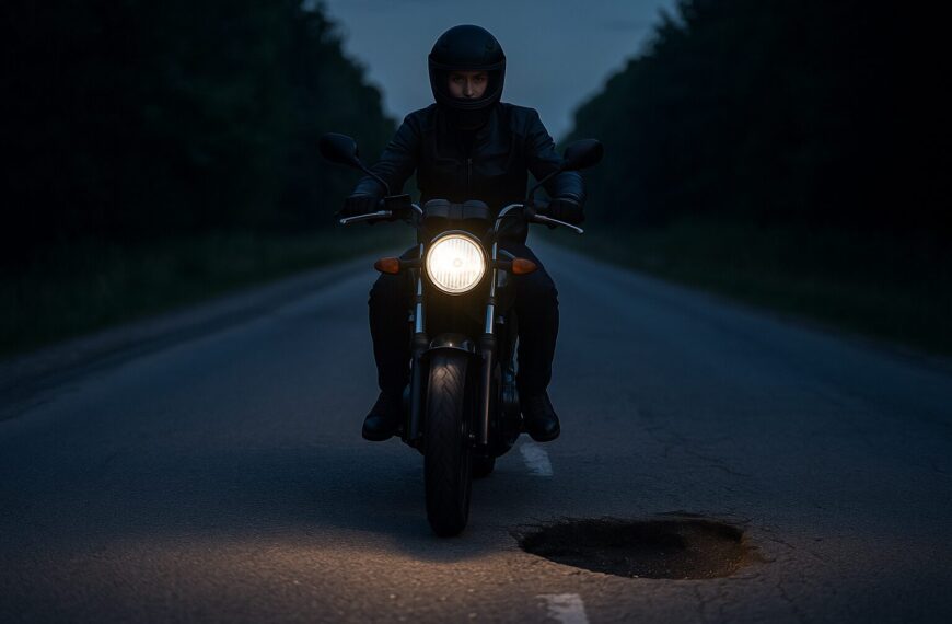 Δικυκλιστής με κράνος διασχίζει επαρχιακό δρόμο τη νύχτα, κοιτάζοντας μπροστά μια μεγάλη λακκούβα