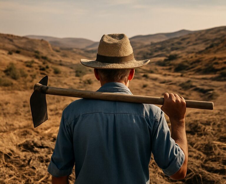 Αγρότης με τσάπα στους ώμους, σύμβολο βάρους και δοκιμασίας, μπροστά σε άγρια αγροτική γη