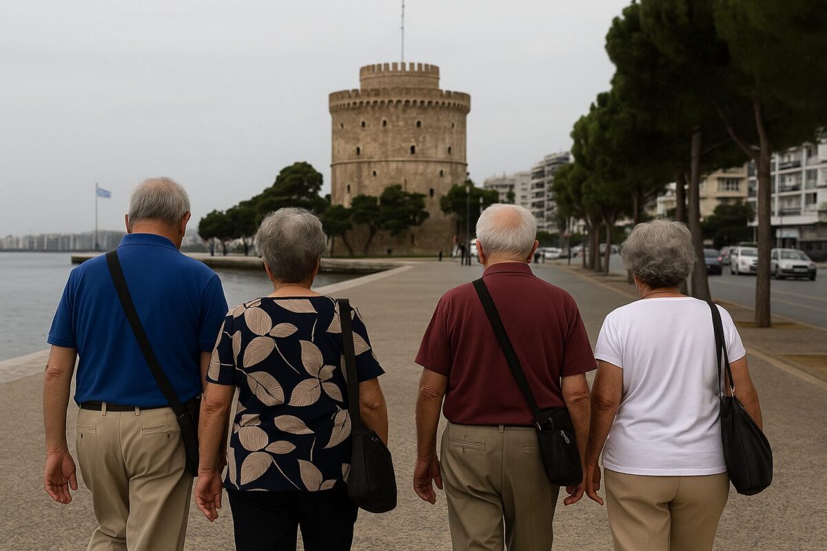 Συνταξιούχοι περπατούν στην παραλιακή της Θεσσαλονίκης με κατεύθυνση προς τον Λευκό Πύργο, πλάτη στην κάμερα.