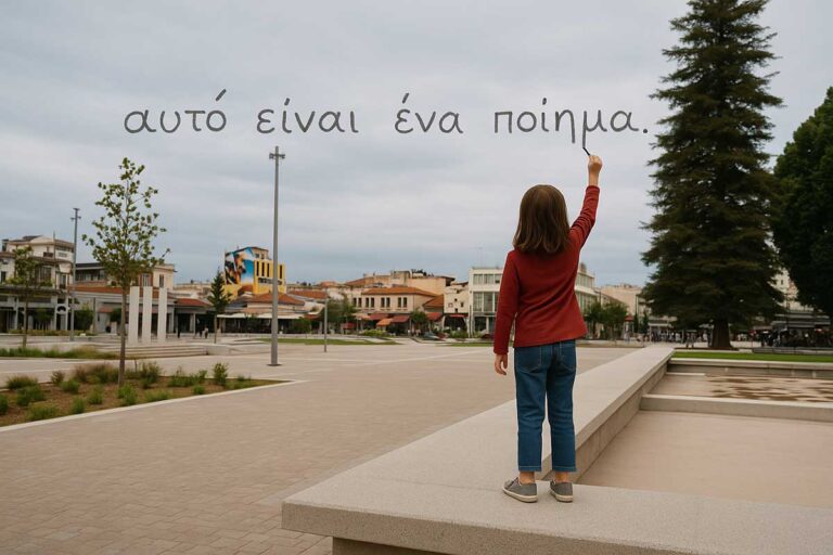 Κοριτσάκι πάνω στο κράσπεδο της κεντρικής πλατείας Τρικάλων γράφει στον ουρανό τη φράση «αυτό είναι ένα ποίημα»