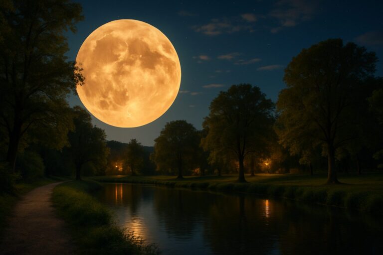 Καλοκαιρινή πανσέληνος ανατέλλει πάνω από νυχτερινό πάρκο με δέντρα και λιμνούλα, ατμοσφαιρική οριζόντια φωτογραφία