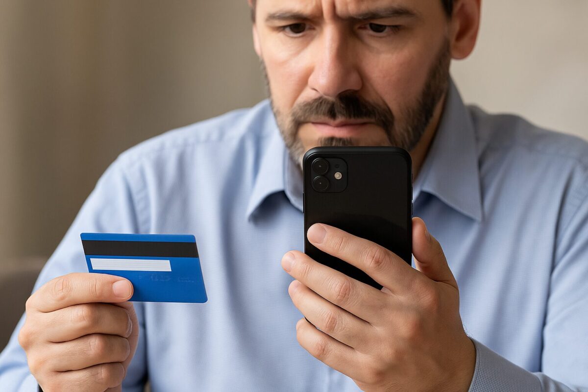 Άνδρας κρατά μπλε πιστωτική κάρτα και μαύρο κινητό τηλέφωνο, εστιάζοντας στην οθόνη.