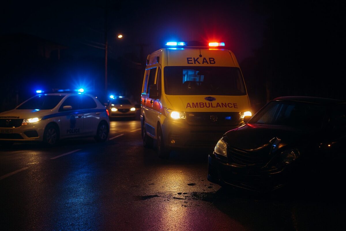 Σκηνή τροχαίου ατυχήματος νύχτα σε ελληνικό δρόμο, με περιπολικά της αστυνομίας και ασθενοφόρο ΕΚΑΒ, φώτα έκτακτης ανάγκης και τρακαρισμένο αυτοκίνητο στο προσκήνιο.