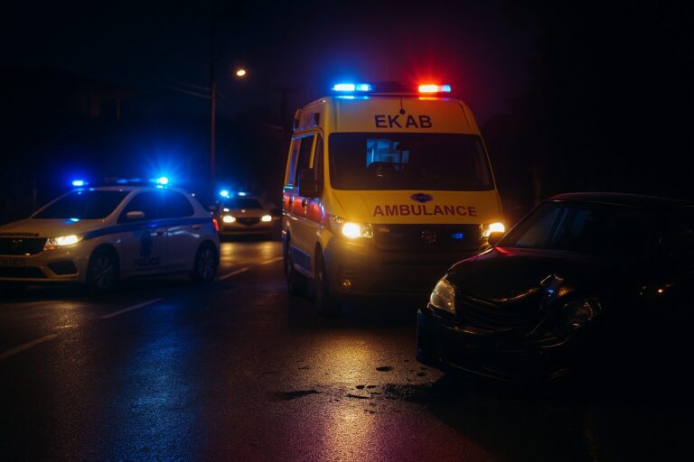 Σκηνή τροχαίου ατυχήματος νύχτα σε ελληνικό δρόμο, με περιπολικά της αστυνομίας και ασθενοφόρο ΕΚΑΒ, φώτα έκτακτης ανάγκης και τρακαρισμένο αυτοκίνητο στο προσκήνιο.