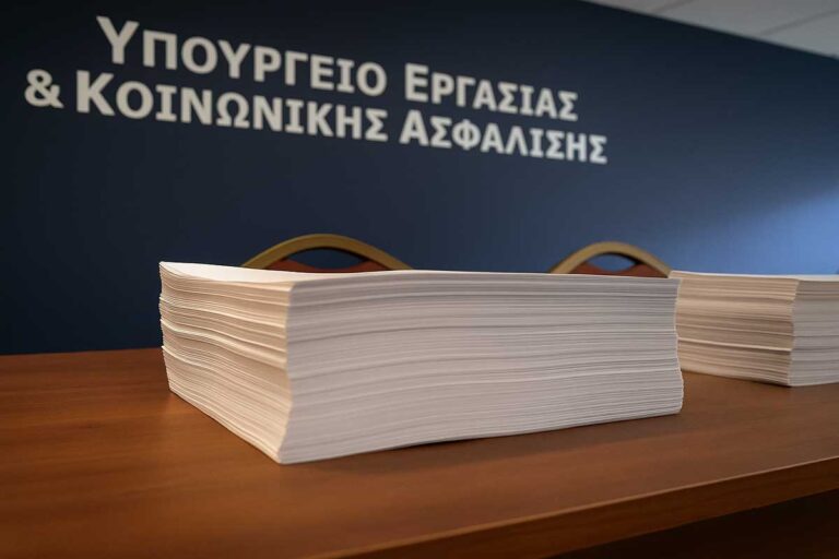 Στοίβες εγγράφων μπροστά από τοίχο με την επιγραφή Υπουργείο Εργασίας και Κοινωνικής Ασφάλισης