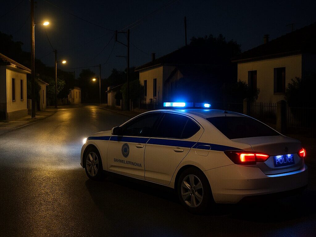 Περιπολικό της Ελληνικής Αστυνομίας σε βραδινή περιπολία σε θεσσαλικό χωριό, φωτισμένος δρόμος και παραδοσιακά σπίτια
