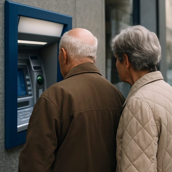 Ηλικιωμένο ζευγάρι στέκεται μπροστά σε ΑΤΜ σε αστικό περιβάλλον, με πλάτη στον φακό, περιμένοντας πιθανώς ανάληψη χρημάτων.