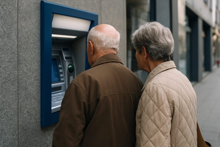 Ηλικιωμένο ζευγάρι στέκεται μπροστά σε ΑΤΜ σε αστικό περιβάλλον, με πλάτη στον φακό, περιμένοντας πιθανώς ανάληψη χρημάτων.