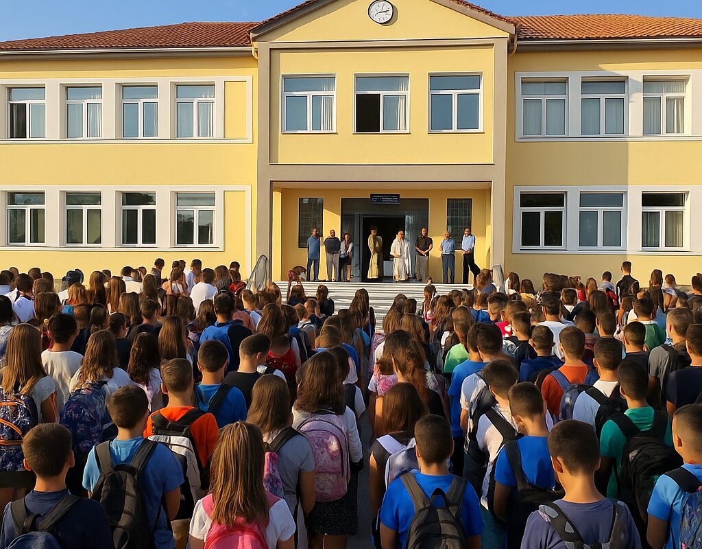 Μαθητές, εκπαιδευτικοί και γονείς συγκεντρωμένοι στην αυλή σχολείου για τον αγιασμό της πρώτης ημέρας της σχολικής χρονιάς.