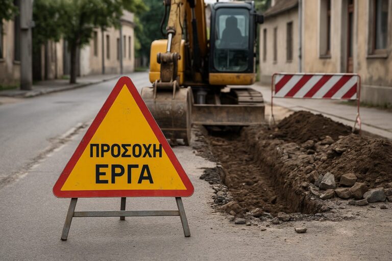 Πινακίδα έργων με κυκλοφοριακές ρυθμίσεις στον δρόμο στα Τρίκαλα