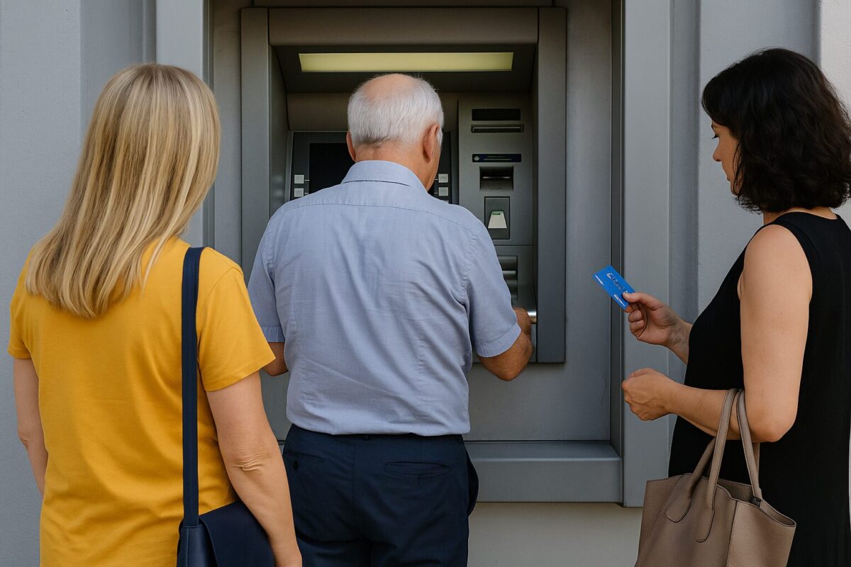 «Τρεις άνθρωποι περιμένουν σε σειρά μπροστά από ΑΤΜ για ανάληψη χρημάτων»