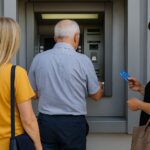 «Τρεις άνθρωποι περιμένουν σε σειρά μπροστά από ΑΤΜ για ανάληψη χρημάτων»