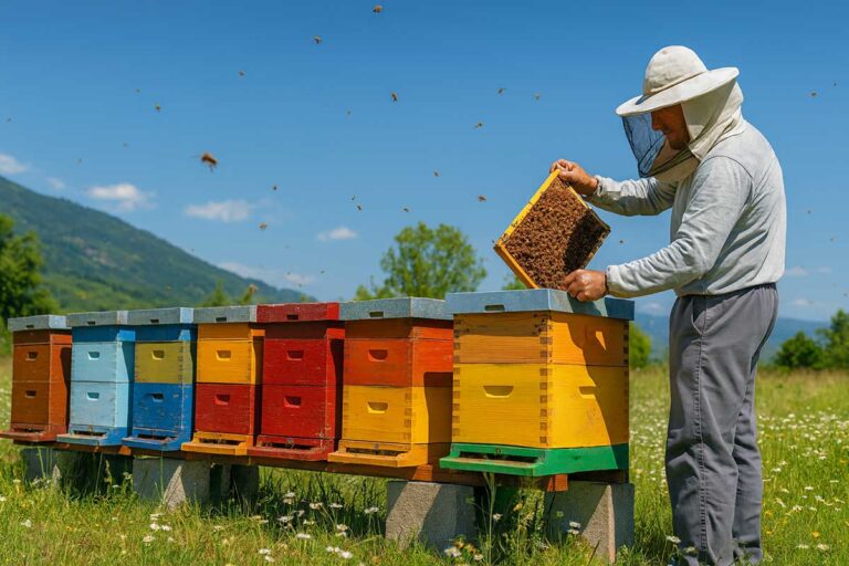 Μελισσοκόμος σε λιβάδι της Θεσσαλίας ελέγχει πλαίσιο κυψέλης μελισσών δίπλα σε πολύχρωμες κυψέλες.