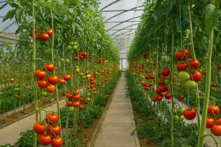Θερμοκήπιο με σειρές κατακόρυφα αναπτυγμένων φυτών ντομάτας γεμάτων ώριμους κόκκινους και πράσινους καρπούς.