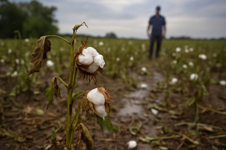 Κατεστραμμένο βαμβάκι σε πρώτο πλάνο μέσα σε πλημμυρισμένο χωράφι, με φιγούρα αγρότη θολή στο βάθος – υποδηλώνεται ζημιά από έντονη κακοκαιρία.