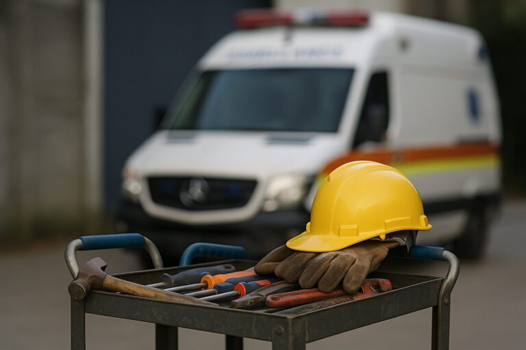 Καρότσι με εργαλεία, κράνος και γάντια εργασίας σε πρώτο πλάνο, με θολό φόντο ασθενοφόρου — υπονοείται εργατικό ατύχημα σε χώρο εργασίας.