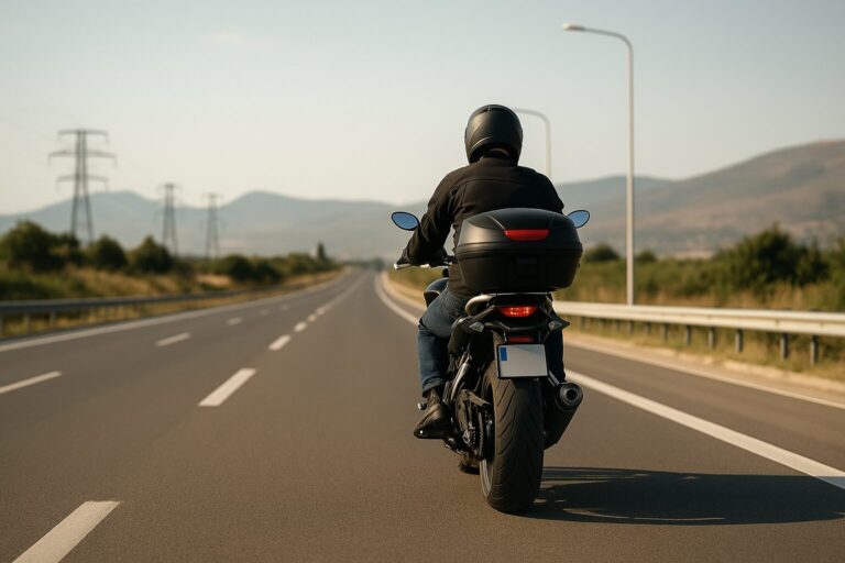 Μοτοσικλετιστής με κράνος οδηγεί σε ελληνικό αυτοκινητόδρομο, λήψη από χαμηλό ύψος στην άσφαλτο