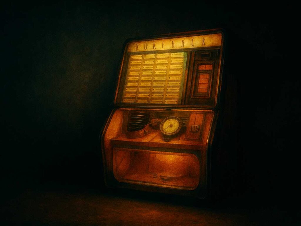 Καλλιτεχνική φωτογραφία με ένα παλιό jukebox φωτισμένο ατμοσφαιρικά σε σκοτεινό χώρο, που αναδεικνύει τον ρετρό χαρακτήρα του.