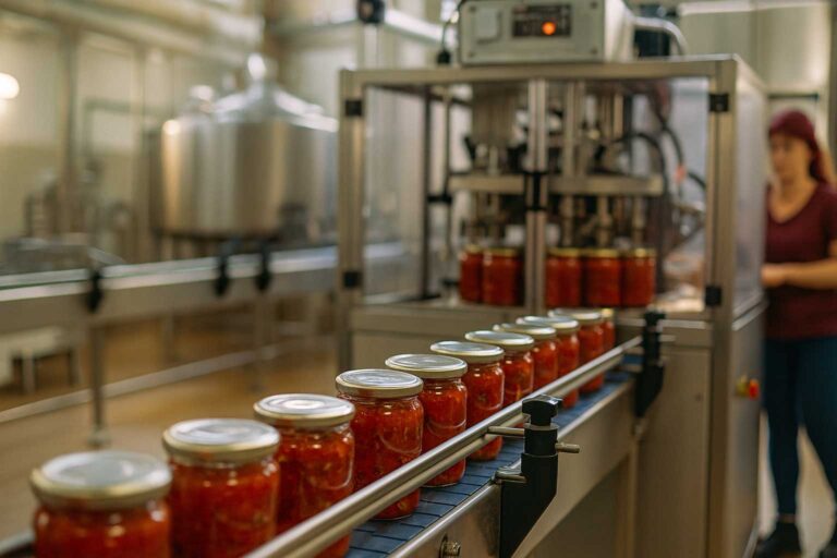 Γραμμή παραγωγής σε μεταποιητική μονάδα με γυάλινα βάζα γεμάτα σάλτσα ντομάτας που προχωρούν σε αυτόματο μηχάνημα κονσερβοποίησης.
