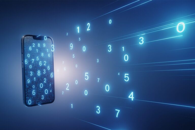 Ψηφιακή απεικόνιση με smartphone και φωτεινούς αριθμούς που εκπέμπονται, συμβολίζοντας τον Προσωπικό Αριθμό και τις ψηφιακές υπηρεσίες