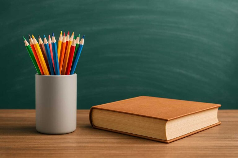 Κουτί με χρωματιστά μολύβια και κλειστό βιβλίο πάνω σε ξύλινο γραφείο, με πράσινο πίνακα στο φόντο γεμάτο ίχνη από σβήσιμο.