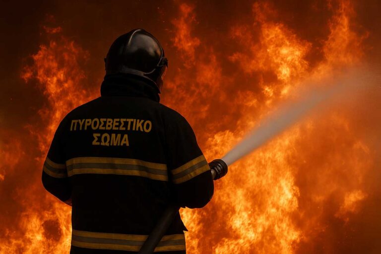 Πυροσβέστης με στολή του Πυροσβεστικού Σώματος καταπολεμά μεγάλη πυρκαγιά με εκτόξευση νερού