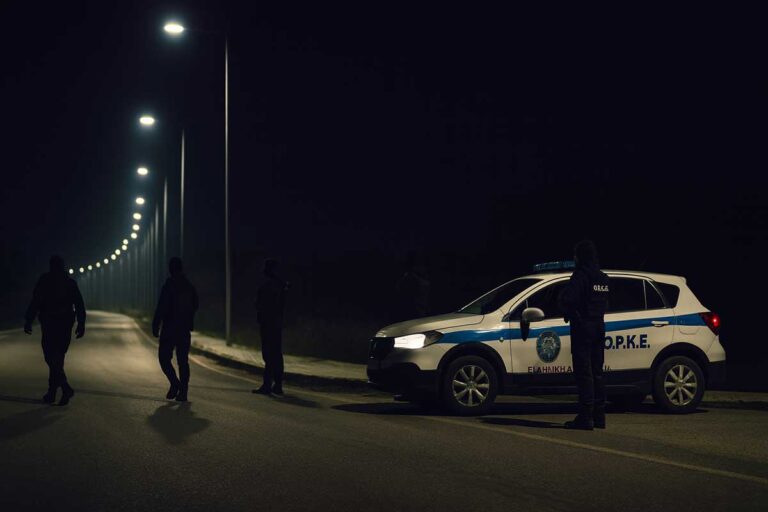 Αστυνομικοί της ΟΠΚΕ σε βραδινή περιπολία με υπηρεσιακό όχημα σε δρόμο στα Τρίκαλα.