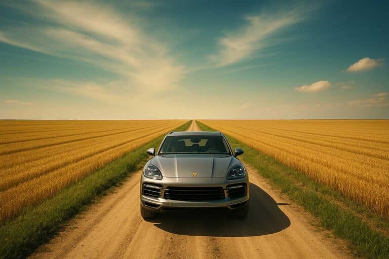 Πολυτελές αυτοκίνητο Porsche Cayenne κινείται σε χωματόδρομο που διασχίζει απέραντες αγροτικές εκτάσεις κάτω από καθαρό, γαλάζιο ουρανό.