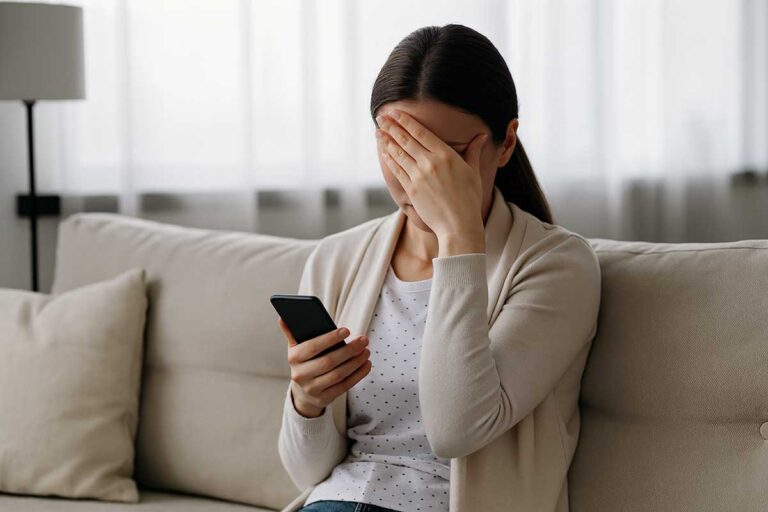 Γυναίκα ανήσυχη κοιτάζει το κινητό της μετά από ύποπτο τηλεφώνημα