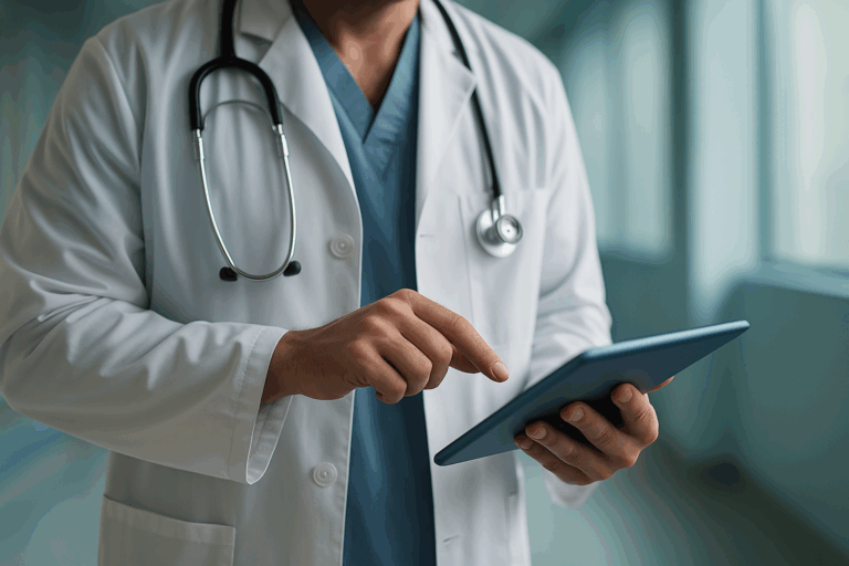 Γιατρός με tablet σε νοσοκομειακό περιβάλλον, συμβολίζοντας την ψηφιακή εποχή του ΕΣΥ