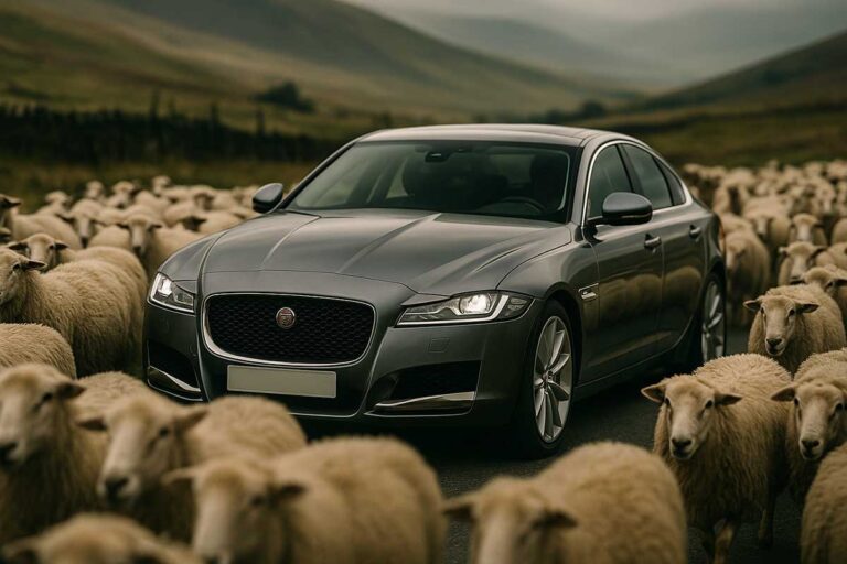 Μαύρη Jaguar κινείται ανάμεσα σε κοπάδι προβάτων σε αγροτικό δρόμο της Θεσσαλίας, σε κινηματογραφική σκηνή με φυσικό φως και ομιχλώδες φόντο