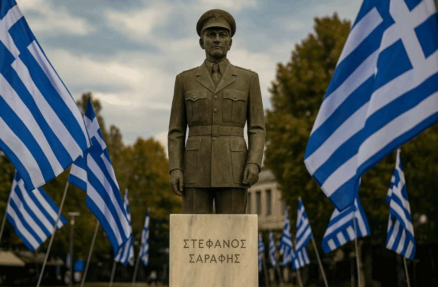 Άγαλμα του Στέφανου Σαράφη στην Κεντρική Πλατεία Τρικάλων, πλαισιωμένο από ελληνικές σημαίες σε εκδήλωση μνήμης