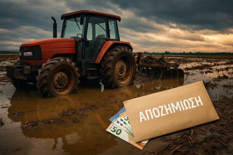 Τρακτέρ βυθισμένο στη λάσπη σε πλημμυρισμένο χωράφι της Θεσσαλίας, συμβολίζοντας τις παράνομες αποζημιώσεις του ΟΠΕΚΕΠΕ μετά τον Daniel.