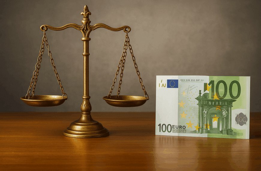 Χρυσή ζυγαριά δικαιοσύνης με χαρτονομίσματα ευρώ στη βάση, σε συμβολικό φόντο για νόμο και οικονομική ενίσχυση