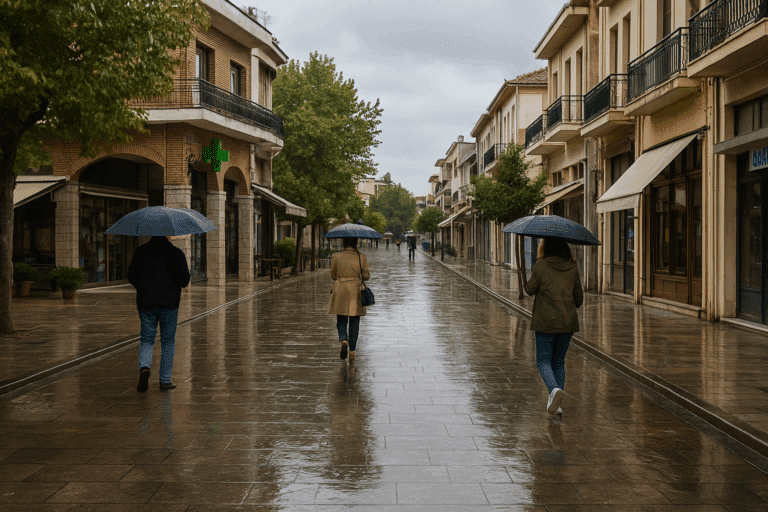 Περαστικοί με ομπρέλες σε δρόμο των Τρικάλων – Συννεφιασμένος καιρός στη Θεσσαλία, 8 Οκτωβρίου 2025.