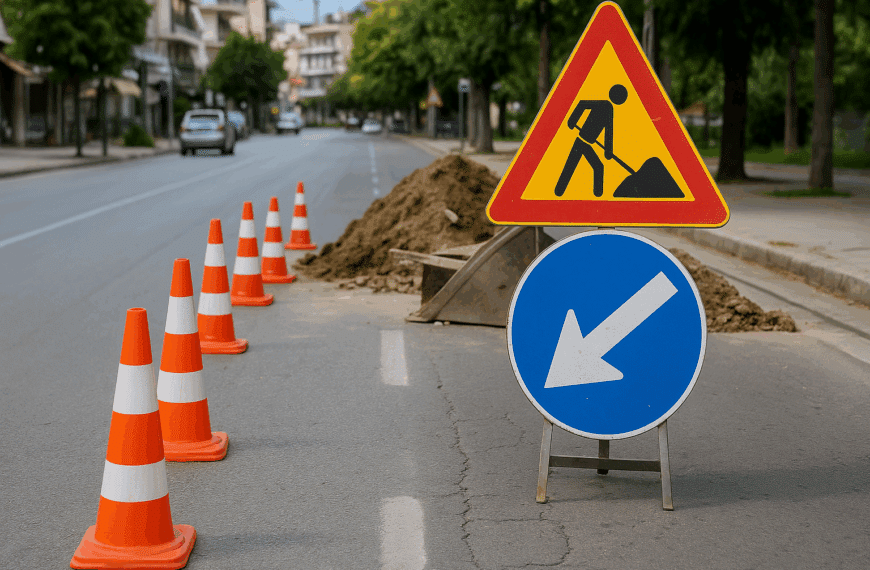 Κυκλοφοριακές σημάνσεις και κώνοι σε κεντρικό δρόμο των Τρικάλων