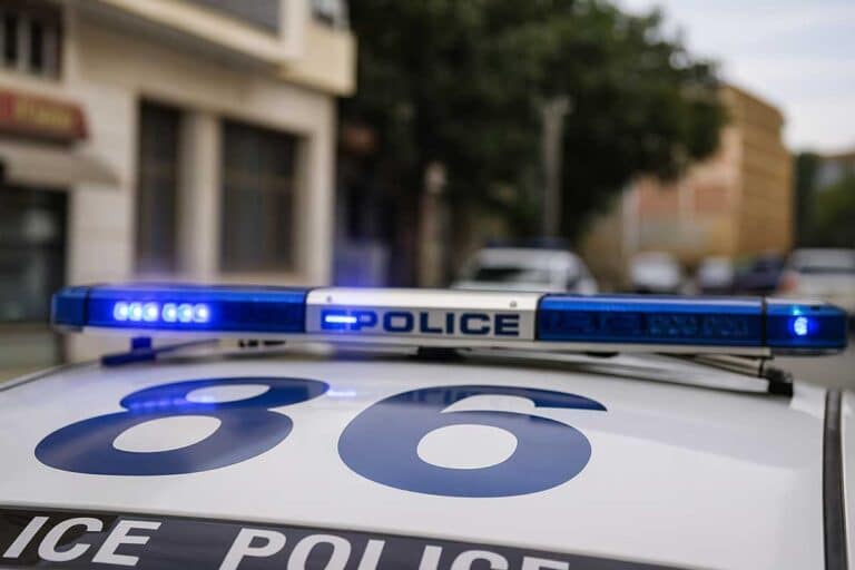 Περιπολικό της Ελληνικής Αστυνομίας με αναμμένα φώτα στη Λάρισα, μπροστά από σχολικό συγκρότημα.