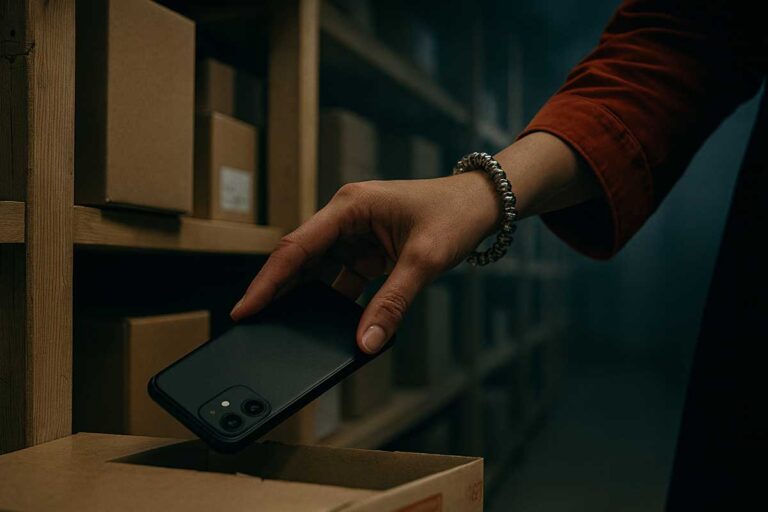 Χέρι γυναίκας με βραχιόλι παίρνει διακριτικά κινητό τηλέφωνο από αποθήκη με ράφια και κούτες, σε σκοτεινή κινηματογραφική ατμόσφαιρα