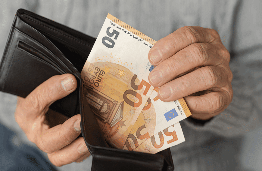 Χέρι ηλικιωμένου που βγάζει χαρτονομίσματα από πορτοφόλι, συμβολίζοντας το επίδομα των 250 ευρώ.
