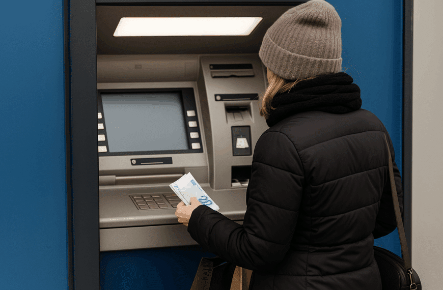 Γυναίκα με χειμερινό ντύσιμο κάνει ανάληψη μετρητών από ATM