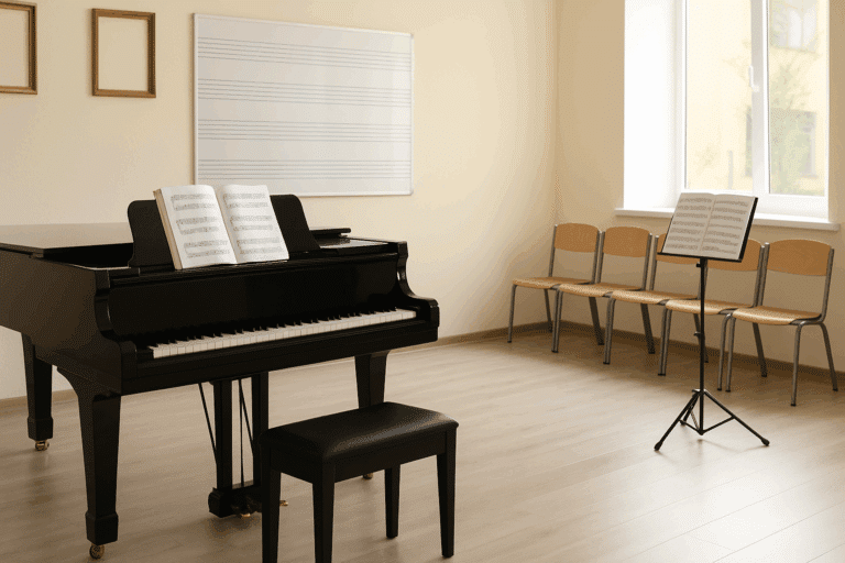 Αίθουσα μουσικής του Δημοτικού Ωδείου Τρικάλων με πιάνο, καρέκλες και παρτιτούρες έτοιμη για μάθημα.